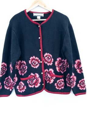 Vintage Crystal Kobe Black Rose Print Cardigan Sweater Classic Artsy Large